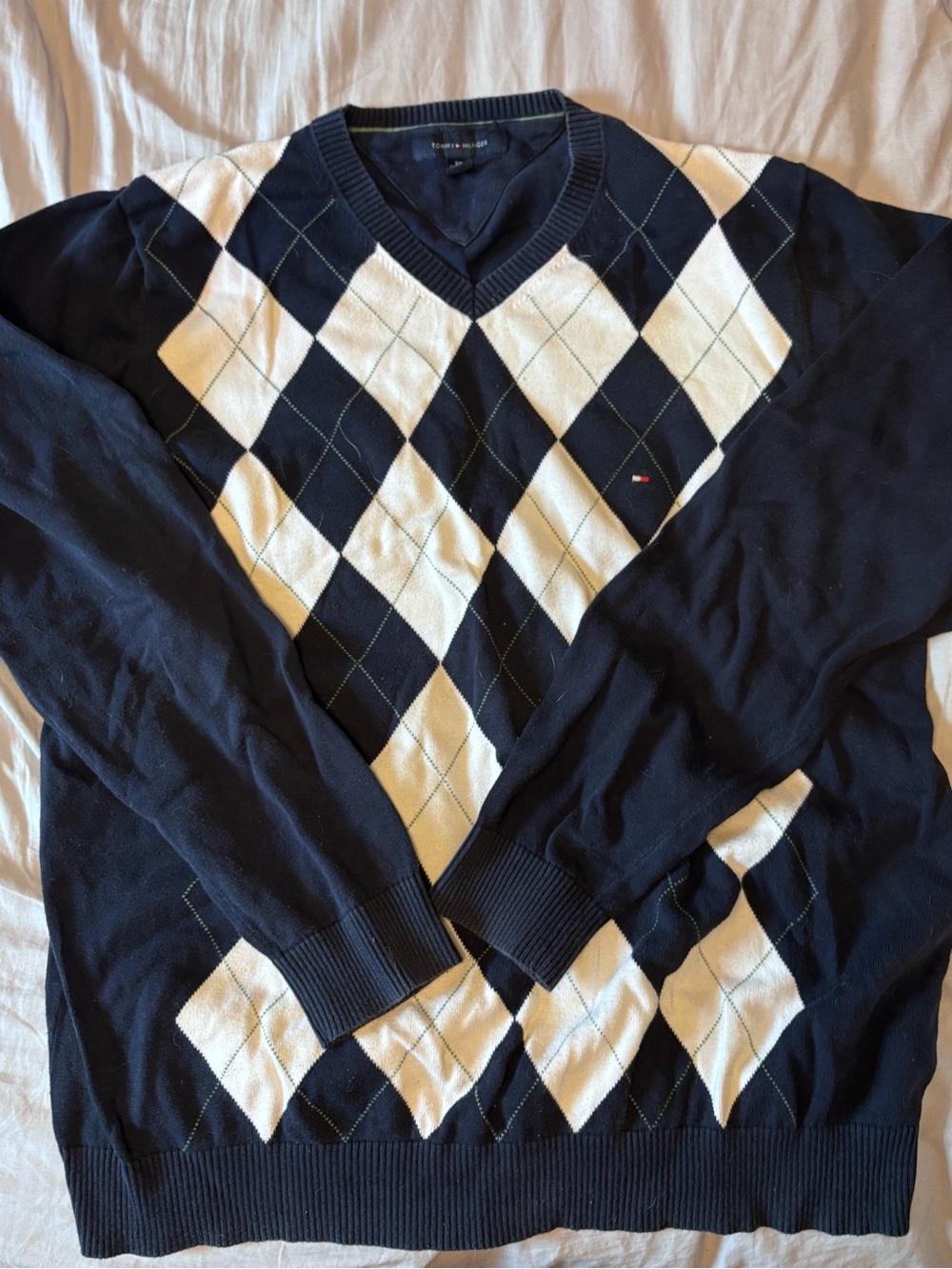 Tommy Hilfiger Navy and White Argyle V-Neck Sweater